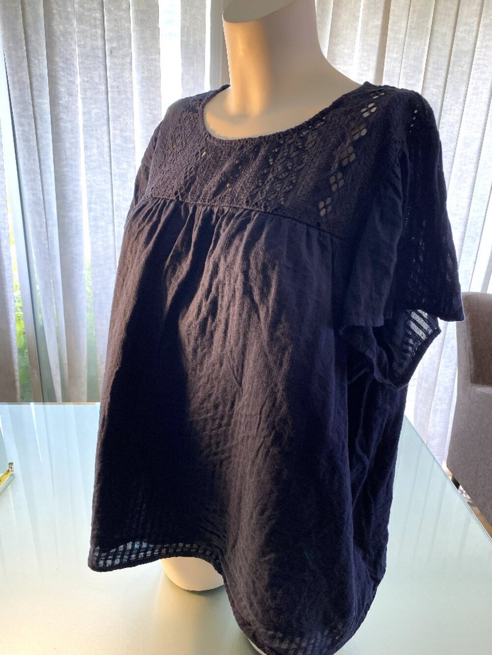 Ella Moss Dark Blue Eyelet Short Bell Sleeve Top Sheer Bottom Size XXL 2 Layers
